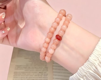 Natural stone Beaded Bracelet, Pink Crystal Stone Bracelet with Red Agate Accent, 6mm Round Beads, Healing Crystal Stackable Bracelet