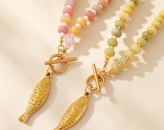 Boho Pastel Natural Stone Beaded Choker Necklace with Gold Fish Pendant, Minimalist Summer Statement Jewelry Gift for Women