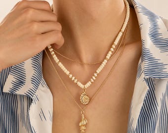 3-Piece Gold Plated Layered Necklace Set, White Beaded Choker with Sun & Conch Shell Pendants, Beach Jewelry Gift for Women