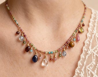 Bohemian Multi-Gemstone Jewelry Set, Natural Stone Beaded Necklace & Bracelet, Gold Plated Colorful Zircon Drop Crystal Charms