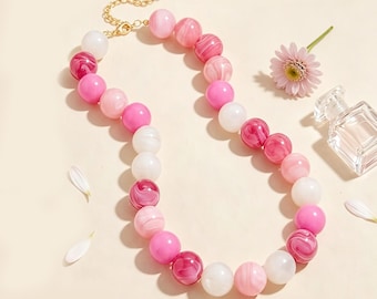 Marbled Swirl Resin Choker Necklace, 18mm Large Round Beads, Boho Chunky Jewelry