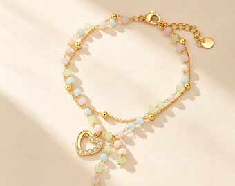 18K Gold Plated Double Layered Beaded Bracelet, Cubic Zirconia Heart Charm, Resin Beads, Adjustable Dainty Stackable Jewelry