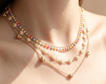 Gold Plated 3-Piece Layered Necklace Set, Rainbow Bead, Daisy Flower & Heart Charm Chokers, Adjustable Dainty Stackable Summer Jewelry