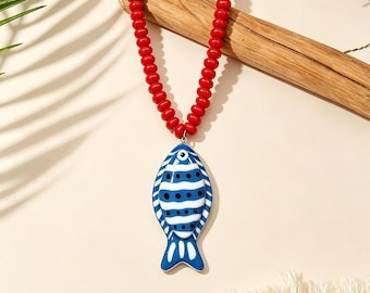 Cute Striped Fish Resin Beaded Choker Necklace, 4 Color Options Adjustable Gold Extender, Summer Ocean Coastal Statement Jewelry