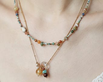 Natural Stone Beaded Necklace, Vintage Gold Snake Chain, Turquoise Mixed Gemstone Pendant, Adjustable Dainty Boho Layering Jewelry