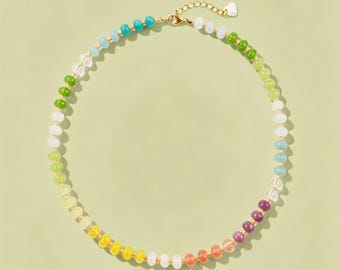 Dainty Pastel Rainbow Choker, Natural Stone Disc Beads, Gold Chain Necklace