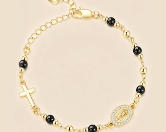 14K Gold Plated Virgin Mary Cross Bracelet, 3 Natural Stone Variations, Adjustable Rosary Style Religious Jewelry Gift for Women