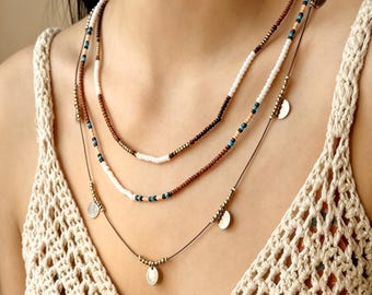 Bohemian 3-Layer Natural Stone Beaded Necklace, Bead Chain with Gold Disc Charms, Adjustable Beach Statement Jewelry Gift for Women