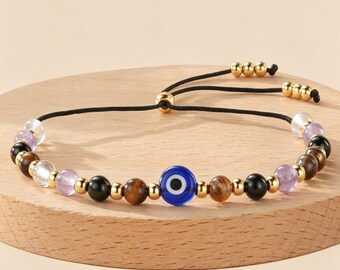 Evil Eye Natural Stone Bracelet, Tiger's Eye & Amethyst Beaded Cord, 10.2" Sliding Knot, Good Luck Healing Jewelry Gift for Men Women