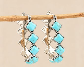 Turquoise Hoop Earrings Set, 2 Pairs Southwestern Silver Plated Oval Earrings, Western Cowgirl Boho Statement Jewelry Gift for Women