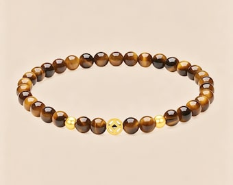 Natural Tiger's Eye Beaded Bracelet, Round Beads with Gold Plated Coin Charm, Healing Crystal Protection Wealth Jewelry Gift for Men Women