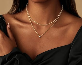 Conjunto de collar con colgante delicado chapado en oro de 14 quilates, cadena de oro ajustable y apilable, regalo de joyería minimalista para mujer.