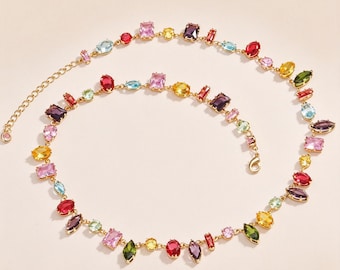 Gold Plated Multicolor Crystal Necklace Bracelet Set, Statement Jewelry