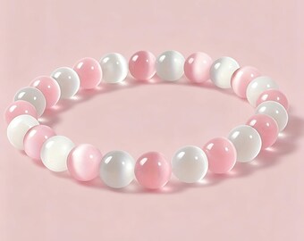 Pink White Cat's Eye Beaded Stretch Bracelet, 8mm Round Stone Beads, Healing Crystal Stackable Minimalist Jewelry, Dainty Gift for Women