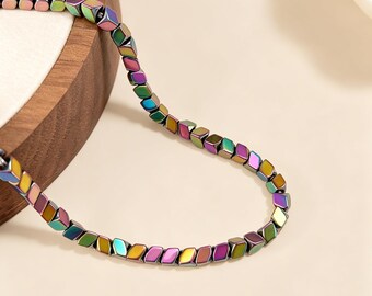 Rainbow Hematite Beaded Jewelry Set, Dainty Multicolor Flat Hematite Bracelet & Choker Necklace, Adjustable Stainless Steel Extension