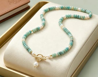 Green Resin Beaded Choker Necklace with Freshwater Pearl Accent, Gold Plated Toggle Clasp, Adjustable Summer Boho Statement Jewelry