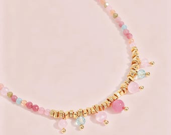 Pink Natural Stone Beaded Choker Necklace with Dangle Charms, Adjustable Gold Plated Chain, Boho Summer Dainty Jewelry Gift for Women