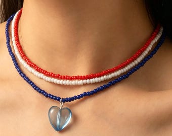 Red White Blue Triple Strand Beaded Choker Necklace, Heart Pendant Adjustable Necklace, 4th of July Independence Day USA Flag Jewelry
