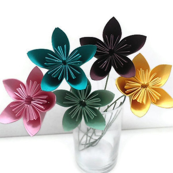 Kusudama Paper Origami Flower set of 5 with Stems FREE SHIPPING in USA