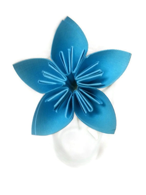 Bright Blue Kusudama Origami Paper Flower With Green Wire Stem