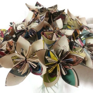 SET of 12 with Free Domestic U.S. Ship - Bouquet OOAK "Comic Inspired" Origami Paper Flowers