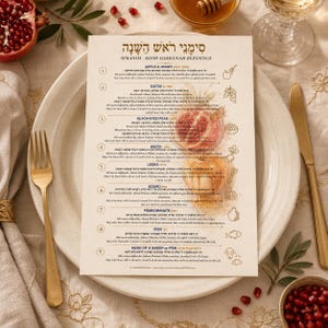 May include: A festive Rosh Hashanah table setting featuring a white plate, gold cutlery, and a menu with Hebrew text. Garnished with pomegranate, honey, and a glass of wine, the scene evokes a celebratory atmosphere.