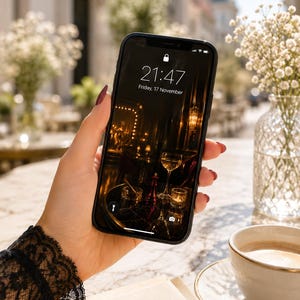 以下が含まれることがあります： 黒いスマートフォンは、ロック画面に21:47と11月17日金曜日の日付を表示し、バーのシーンを表示しています。コーヒーカップ、ペン、テキスト入りの本も表示されています。