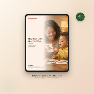 Könnte beinhalten: Ein digitales Tablet zeigt den Text "Help Your Little One Find Their Voice" mit einer Mutter und einem Kind. Das Kind zeigt auf eine Karte mit einer Hundeillustration. Ein grüner "Sofort-Download"-Aufkleber befindet sich in der oberen rechten Ecke.