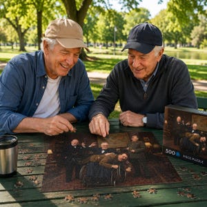 May include: A 500-piece jigsaw puzzle featuring a historical scene of four men in a room, including one in a wheelchair, displayed on a green wooden table next to a silver travel mug. The puzzle box shows the same image with the text 500 PIECE PUZZLE.
