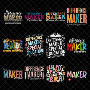 Può includere: Una collezione di dodici design grafici che presentano il testo Difference Maker con vari temi educativi, inclusi Special Education, Social Worker e Paraprofessional, visualizzati in diversi caratteri e stili colorati.