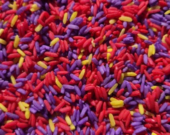 Remplisseur de poubelle sensoriel à la fleur de riz | Jeu sensoriel printanier | Sensoriel d'été | Riz violet jaune rouge | Riz coloré teint | Fleur sensorielle
