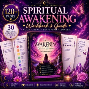 May include: A Spiritual Awakening workbook and guide by Shayote Soul Studio featuring 120+ pages and 30 printable worksheets. The cover displays a person meditating before a large moon, surrounded by purple crystals, flowers, and butterflies.