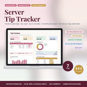 Pode incluir: Uma planilha digital de rastreamento de gorjetas exibida na tela de um laptop, com tabelas de dados, um gráfico de rosca e gráficos de barras para monitorar gorjetas, repasses e porcentagens. Inclui 7 abas e aceita qualquer moeda.