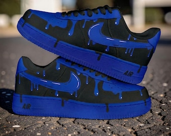 Custom Black Blue Drip Air Force 1 Sneakers, Hand Painted AF1 Shoes