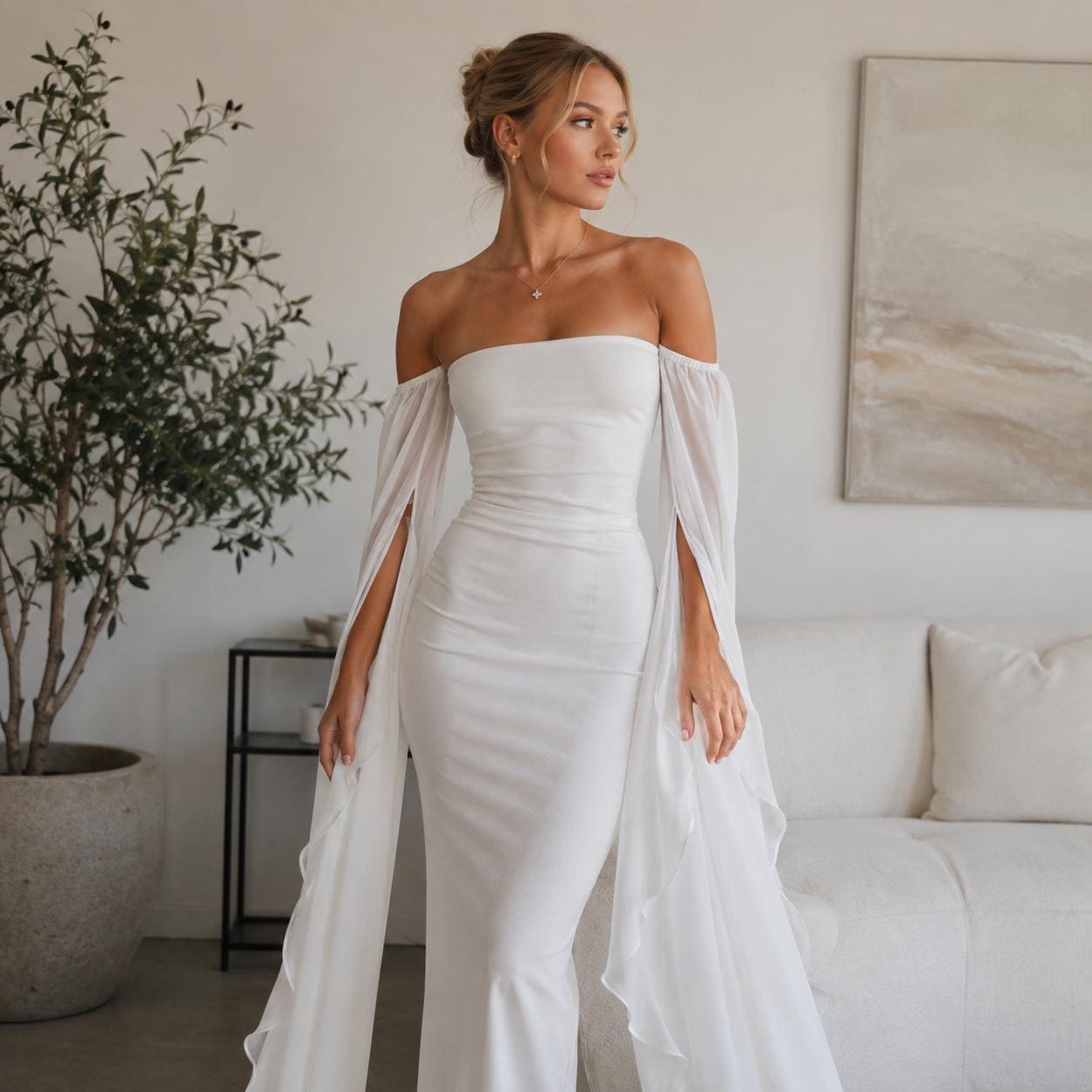 evening dresses that cover arms Long Sleeve Long Off-White Gown with Beads main image 1