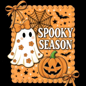May include: A rectangular orange graphic with a scalloped border featuring a white ghost with orange flower patterns and a bow, a jack-o'-lantern, a spider web, bats, and stars. The text SPOOKY SEASON is printed in white with a black outline.