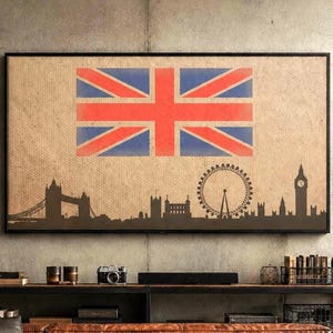 Vintage London Skyline-bildram med TV-motiv | Väggdekoration med Union Jack-motiv