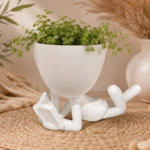 May include: A white ceramic planter shaped like a stylized figure lying on its stomach and reading an open book. The figure's head serves as the bowl for the plant, which contains a small, leafy green plant with numerous tiny, rounded leaves.