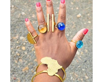 Set of 5 multi stone brass rings for women, african handmade rings, raw brass jewelry set, boho statement rings, adjustable stackable rings