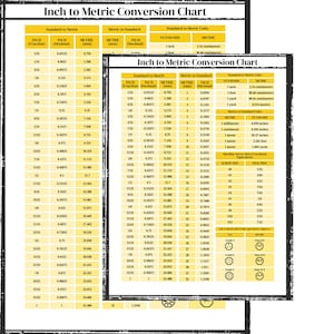 May include: A rectangular Inch to Metric Conversion Chart printed on a light yellow background with black text. The chart displays columns for inch fractions, decimals, and millimeter equivalents, along with standard unit conversion tables.