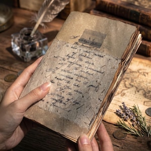 May include: A rectangular journal with a weathered, tan paper cover featuring dark, handwritten cursive text. The pages have uneven, deckled edges with a dark, burnt-like finish. The paper has a textured, fibrous appearance, and the book is held open.