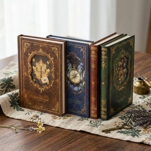 May include: Three hardcover books with ornate gold-toned filigree frames on their covers. The brown book features a candelabra, the blue book displays a compass, and the green book shows a birdcage. Each book has a distinct, detailed illustration.