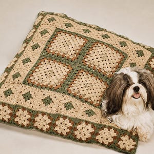 May include: A square crochet pillow featuring a granny square pattern in beige, sage green, and brown yarn. The design consists of a central grid of squares surrounded by a decorative border of small floral motifs in green and beige yarn.