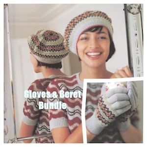 May include: A knitted gloves and beret bundle. The beret is a mix of colors, including brown, beige, and red. The gloves are gray with a patterned cuff. The text "Gloves & Beret Bundle" is in the image.