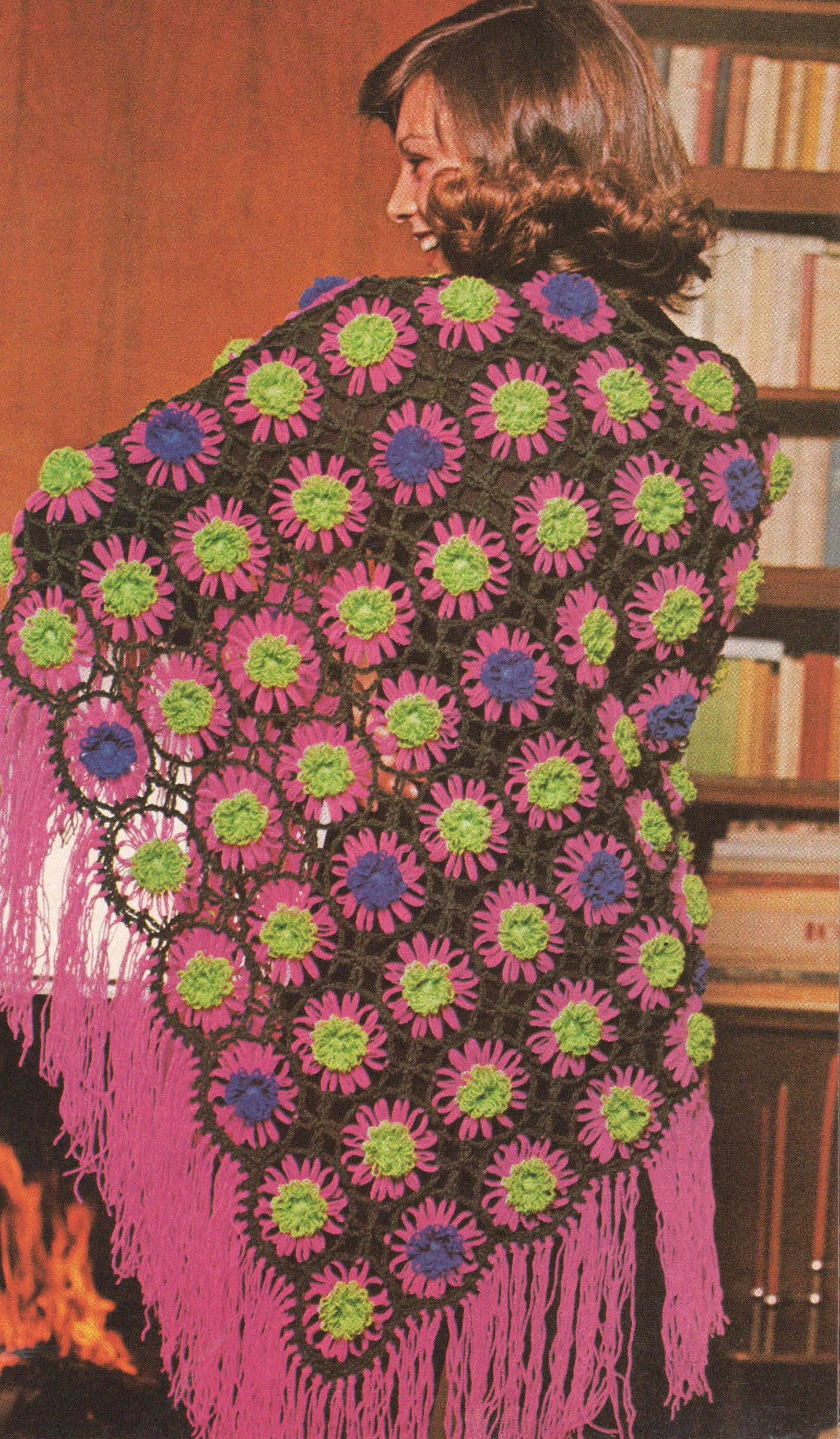 30 Hippie Crochet Patterns for Boho Outfits, Bags, Home Décor, and Gifts 15 Vintage Flower Shawl Pattern with Fringe