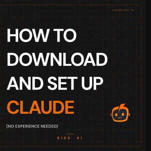 Könnte beinhalten: Ein schwarzes und orangefarbenes Grafikdesign mit weißem Text. Der Text lautet "HOW TO DOWNLOAD AND SET UP CLAUDE". Darunter steht "(NO EXPERIENCE NEEDED)". Ein orangefarbenes Roboter-Symbol befindet sich unten rechts.