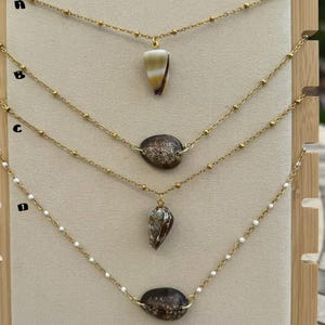 May include: Four gold-toned necklaces labeled A, B, C, and D. Necklace A features a cone shell pendant. Necklace B has a brown speckled cowrie shell. Necklace C displays a textured brown shell. Necklace D includes a dark brown shell with white beads.
