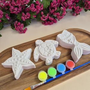Könnte beinhalten: Ein Holztablett mit weißen Gipsformen von Meerestieren: einem Seestern, einer Schildkröte und einem Fisch. Kleine Farbtöpfe in Gelb, Grün, Blau und Rot sowie ein Pinsel sind enthalten. Rosa Blüten befinden sich im Hintergrund.