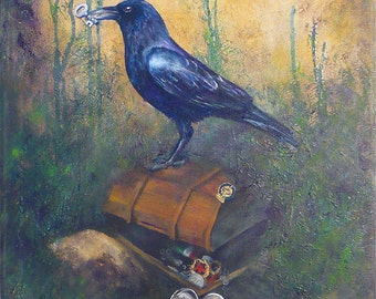 Oil painting of a raven with a collection of treasures in a surreal textured setting