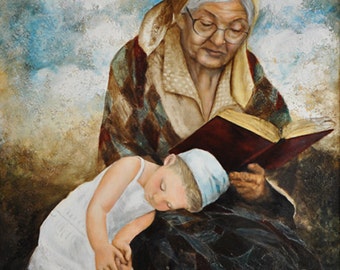 Original Oil painting of a grandma reading to a little girl.